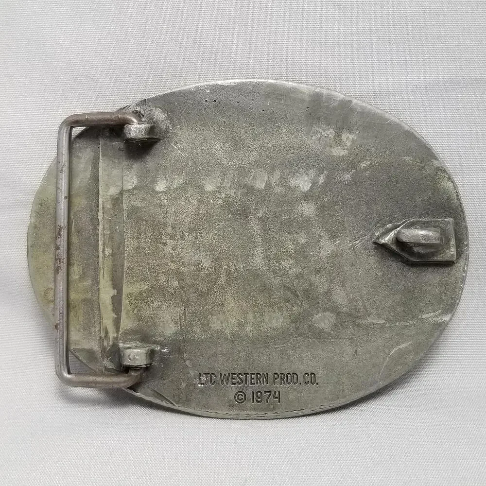 Belt Buckle 1974 Horse Head Flowers Rope Edge Oval Shape Western Cowboy Rodeo US